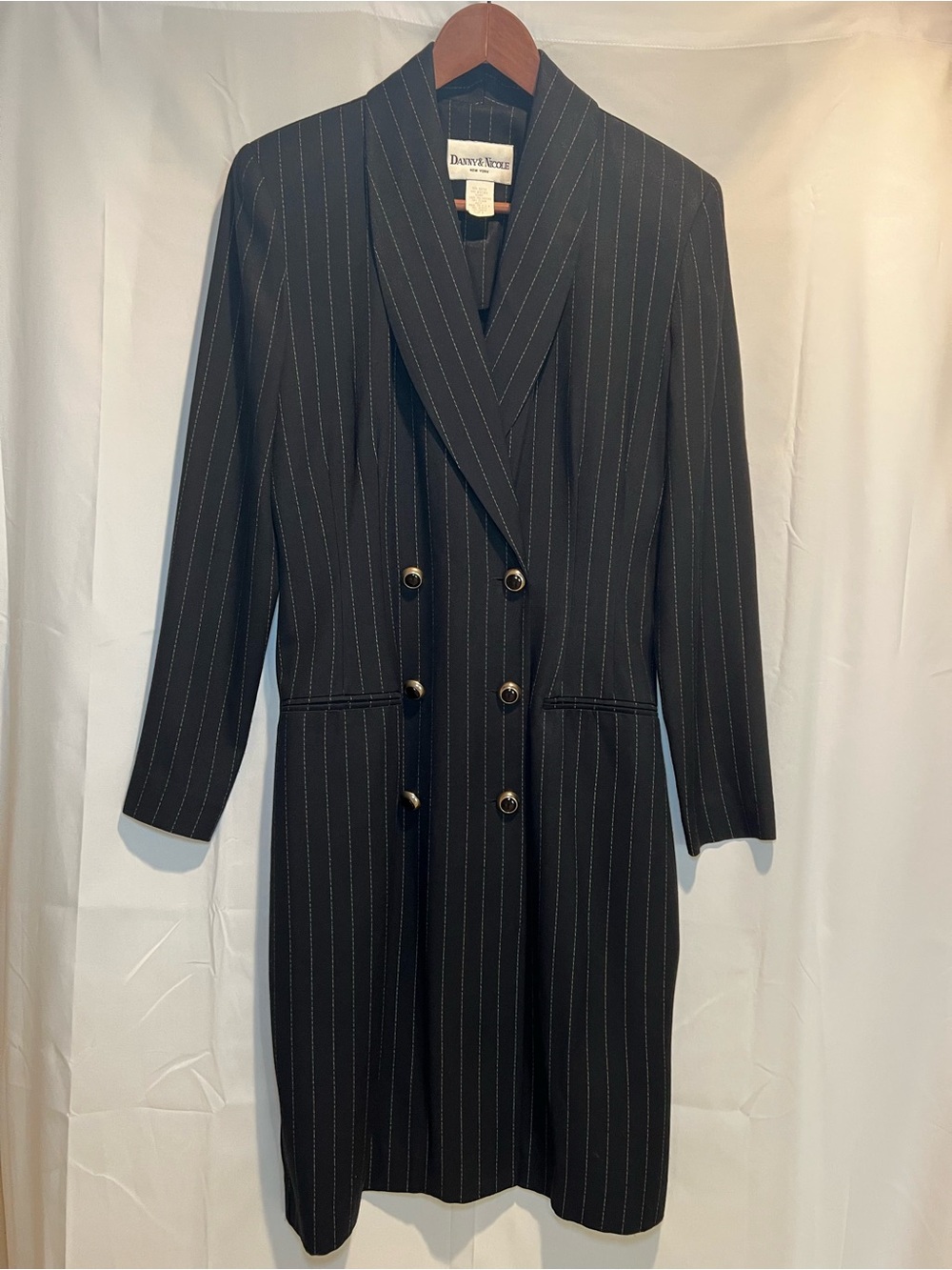 Danny & Nicole Black Pinstripe Double-Breasted Midi Dress